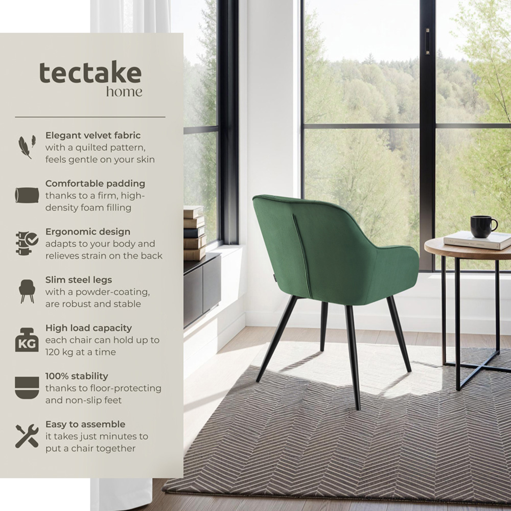 tectake Marilyn Set of 4 Dark Green and Black Quilted Velvet Dining Chair Image 3