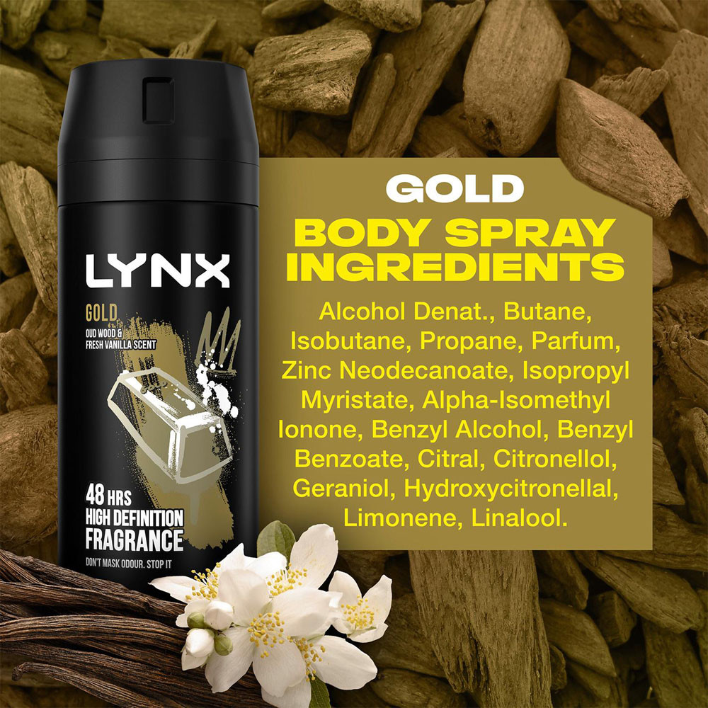 Lynx Gold Oud Wood and Fresh Vanilla 48H Protection Deodorant Body Spray 150ml 12 Pack Image 7