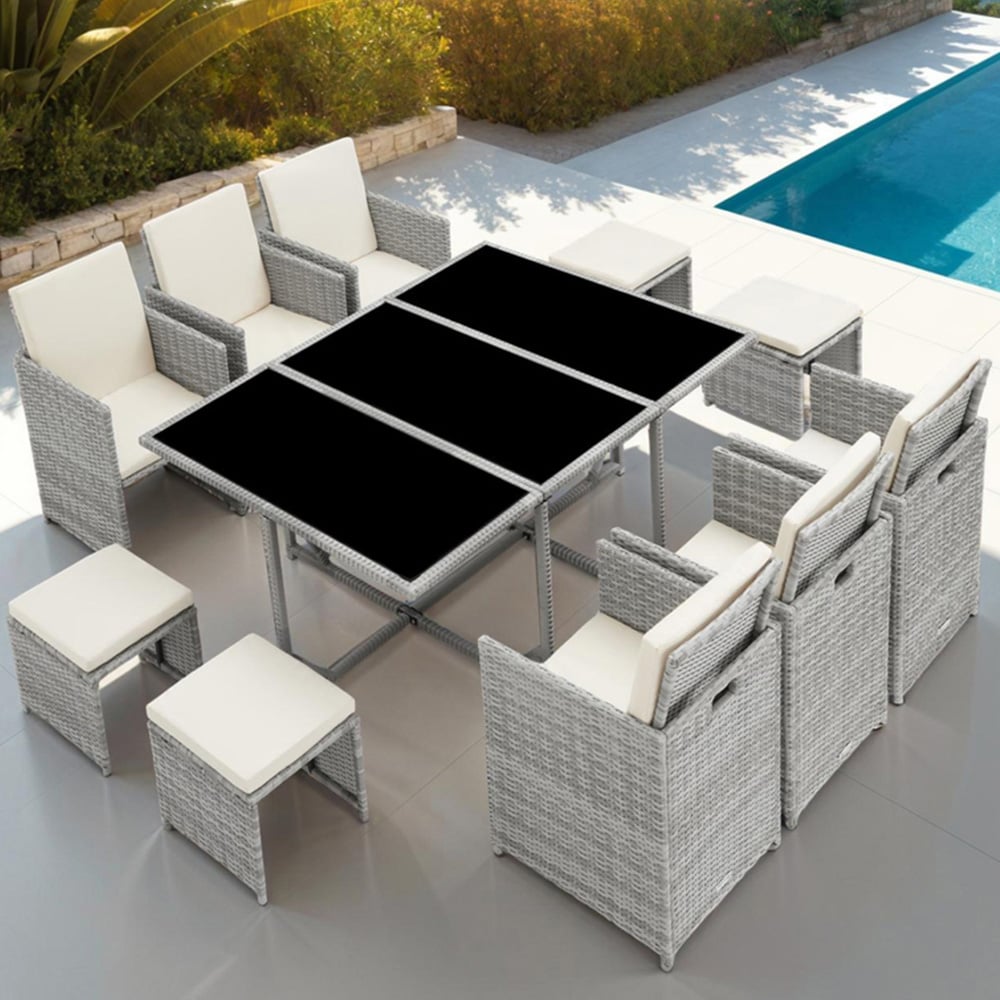 tectake Malaga 10 Seater Garden Dining Table with Rain Cover Light Grey Image 1