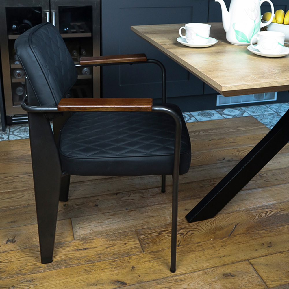 MMT Furniture Designs Set of 2 Black Vintage Diamond Stitch Dining Chair with Wooden Armrests Image 4