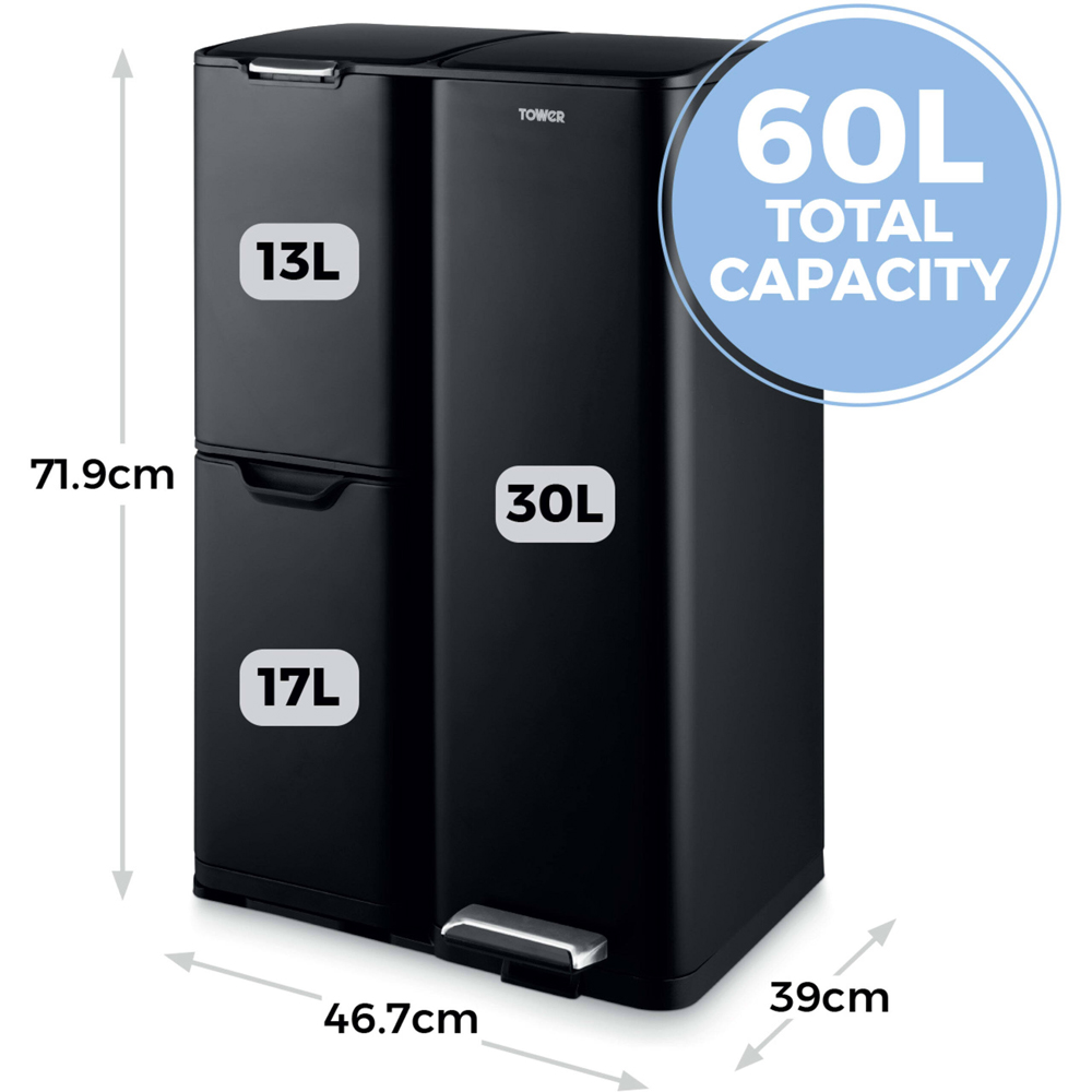 Tower Triple Recycling Black Pedal Bin 60L Image 8