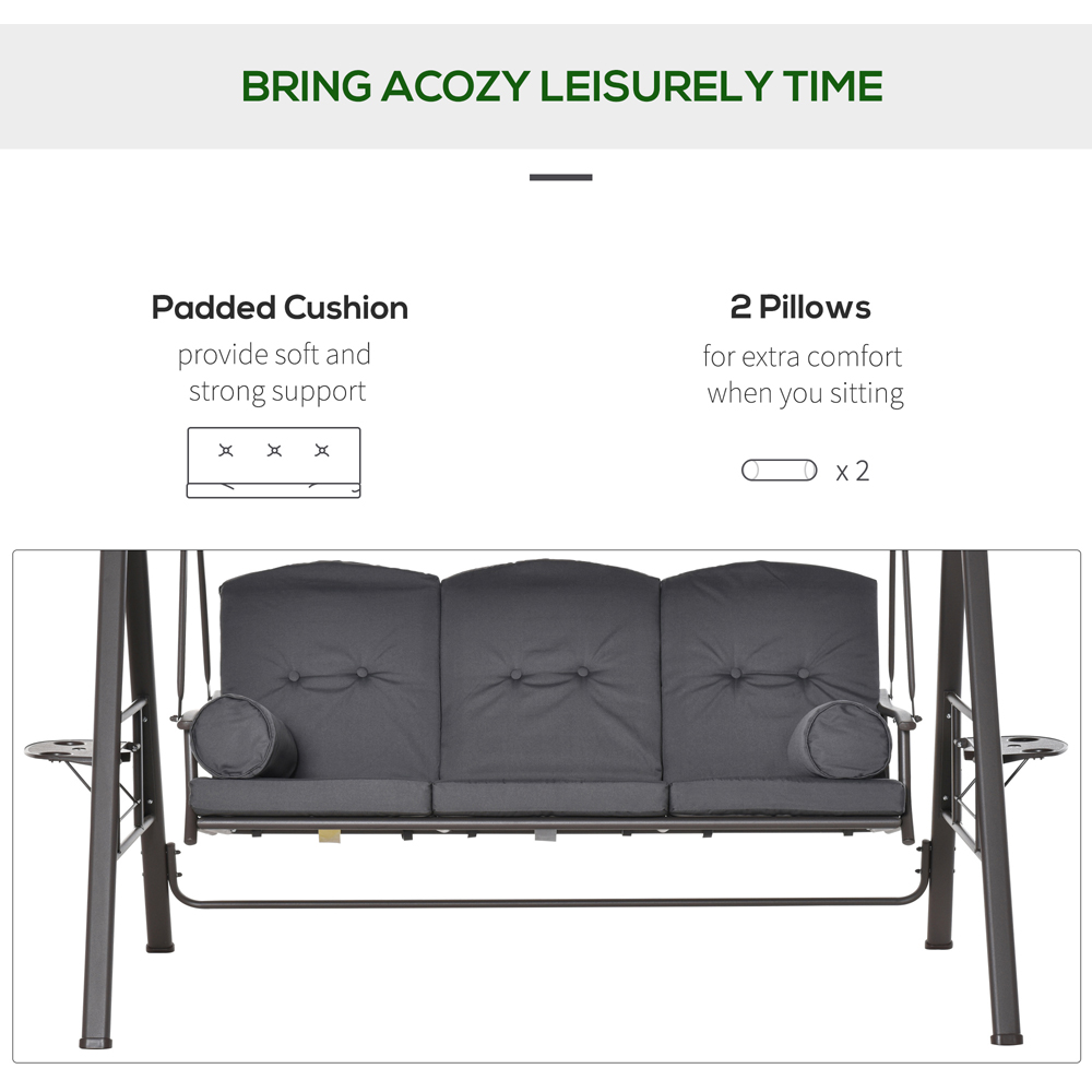 Outsunny 3 Seater Dark Grey Swing Chair with Canopy and Cup Tray Image 4