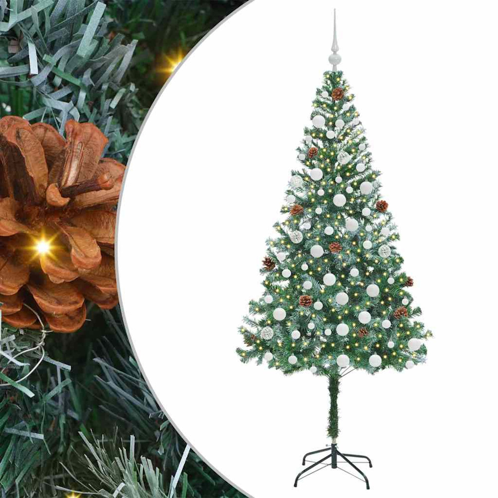 vidaXL Pre-Lit White Baubles Green Artificial Christmas Tree 6ft Image 2