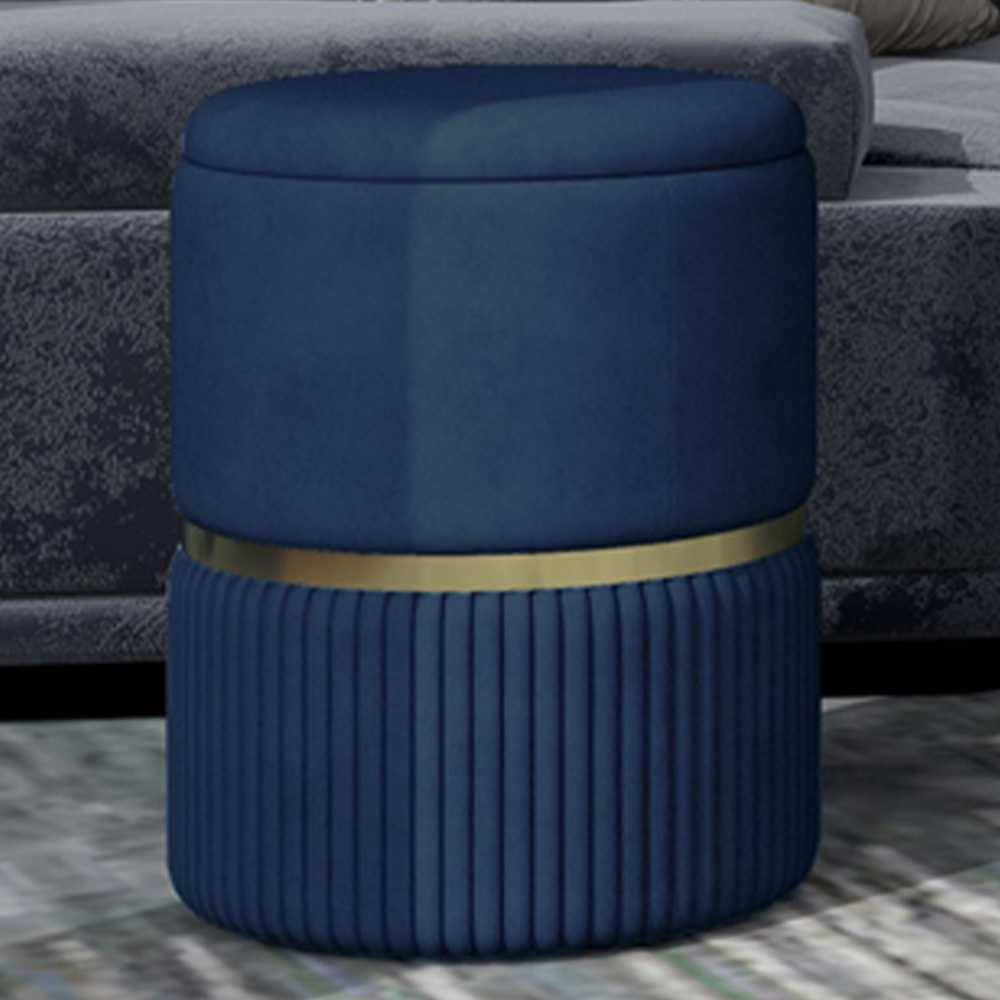 Portland Blue Velvet feel Pouffe Round Ottoman Stool with Storage Image 1