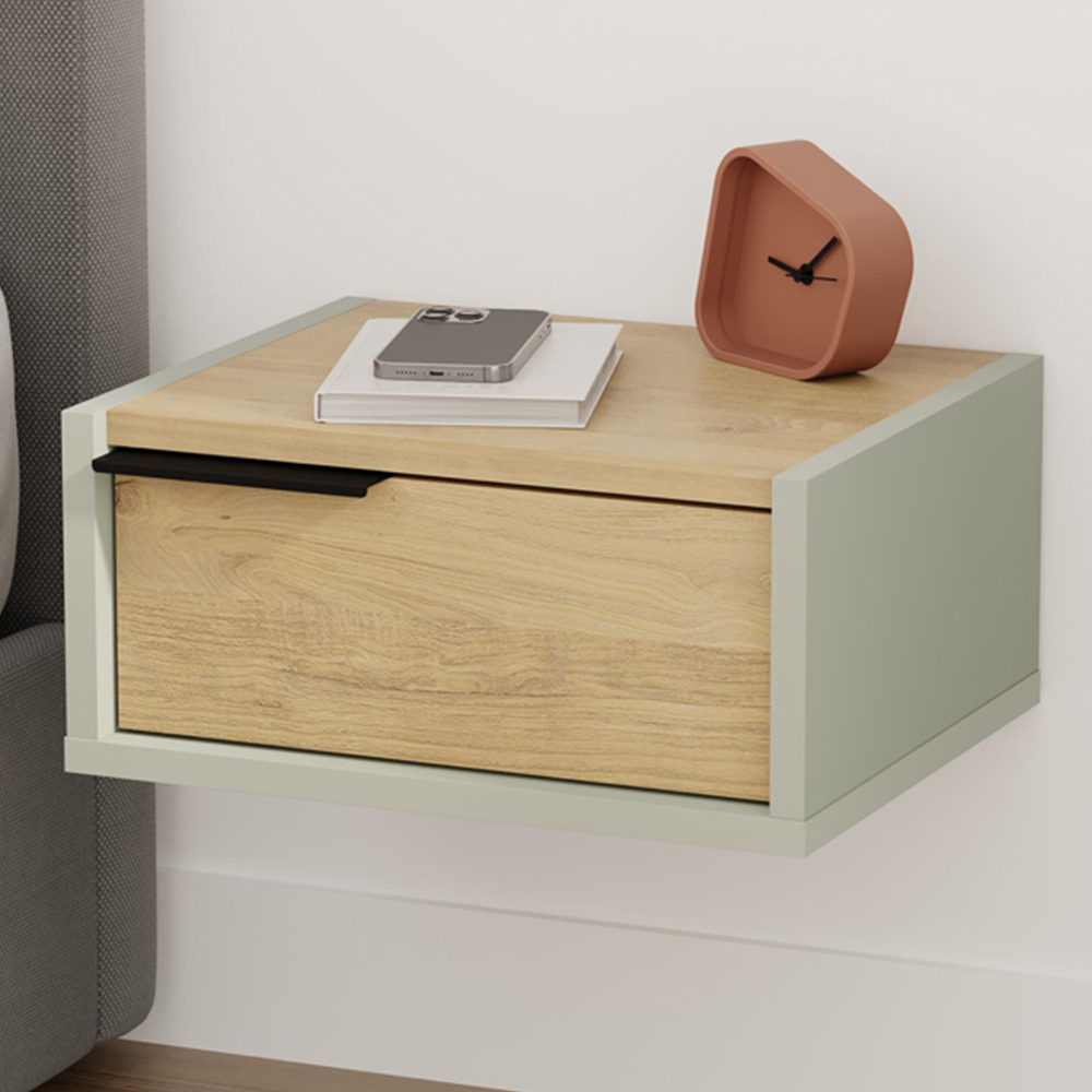Decortie Eco Single Drawer Ash Green Wall Mounted Bedside Table Image 1