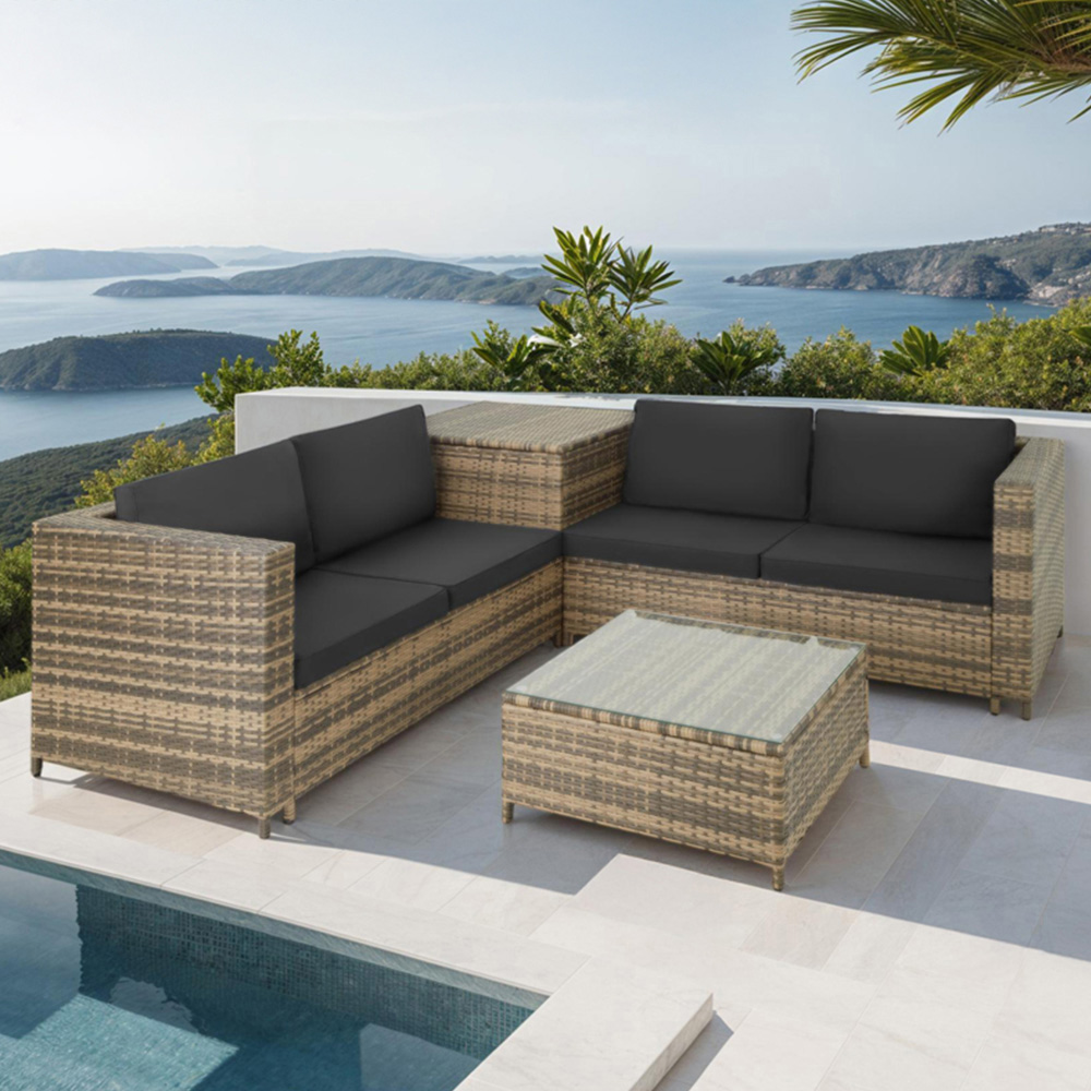 tectake Siena 4 Seater Natural and Dark Grey Rattan Garden Lounge Set with Storage Box Image 1