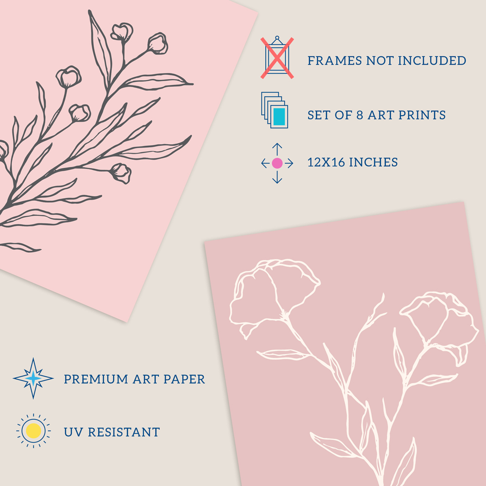 Wee Blue Coo Pastel Pink Line Boho Floral Art Wall Art Print 30 x 41cm 8 Pack Image 4