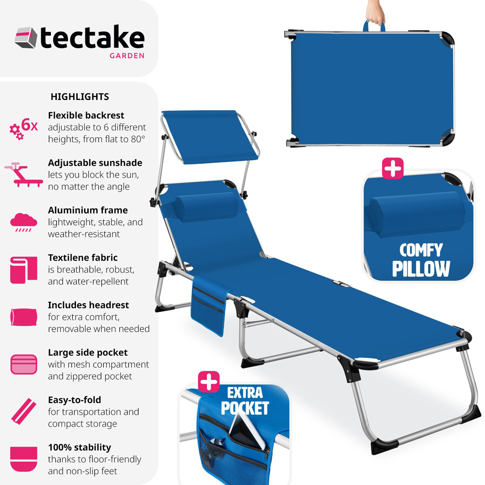 tectake Aurelie Blue Foldable and Adjustable Sun Lounger with Headrest Image 7