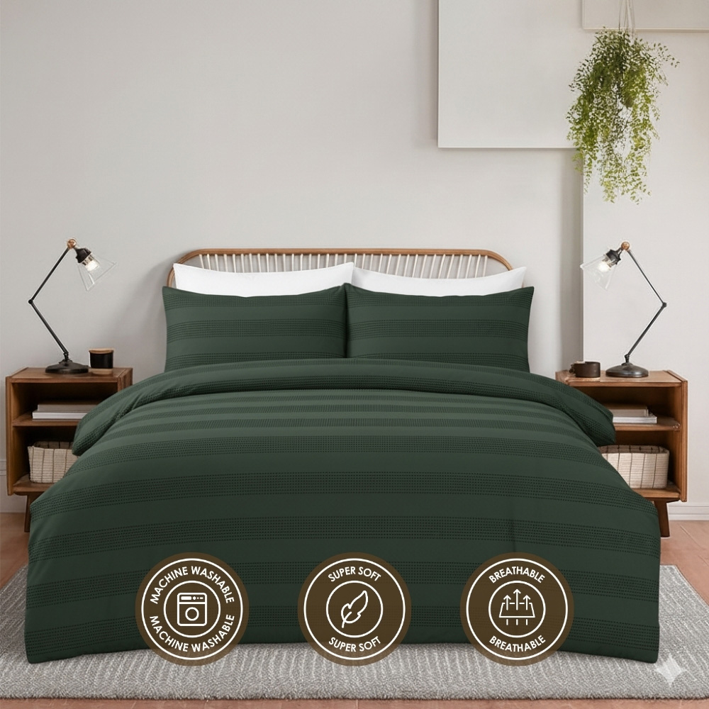 MHG Living King Size Turquoise Dobby Waffle Striped Duvet Set Image 6