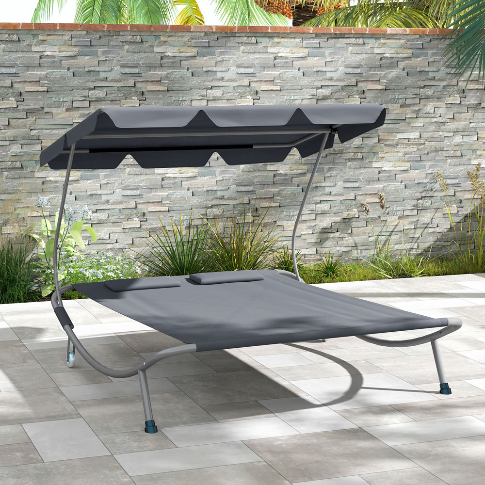 Outsunny 2 Seater Grey Hammock Sun Lounger with Canopy and 2 Pillows Image 3