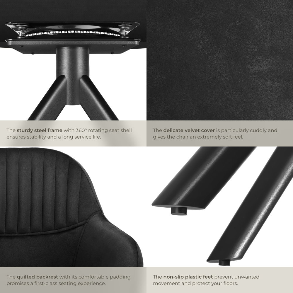 tectake Lona Set of 4 Black Velvet Upholstered Swivel Armchair Image 5