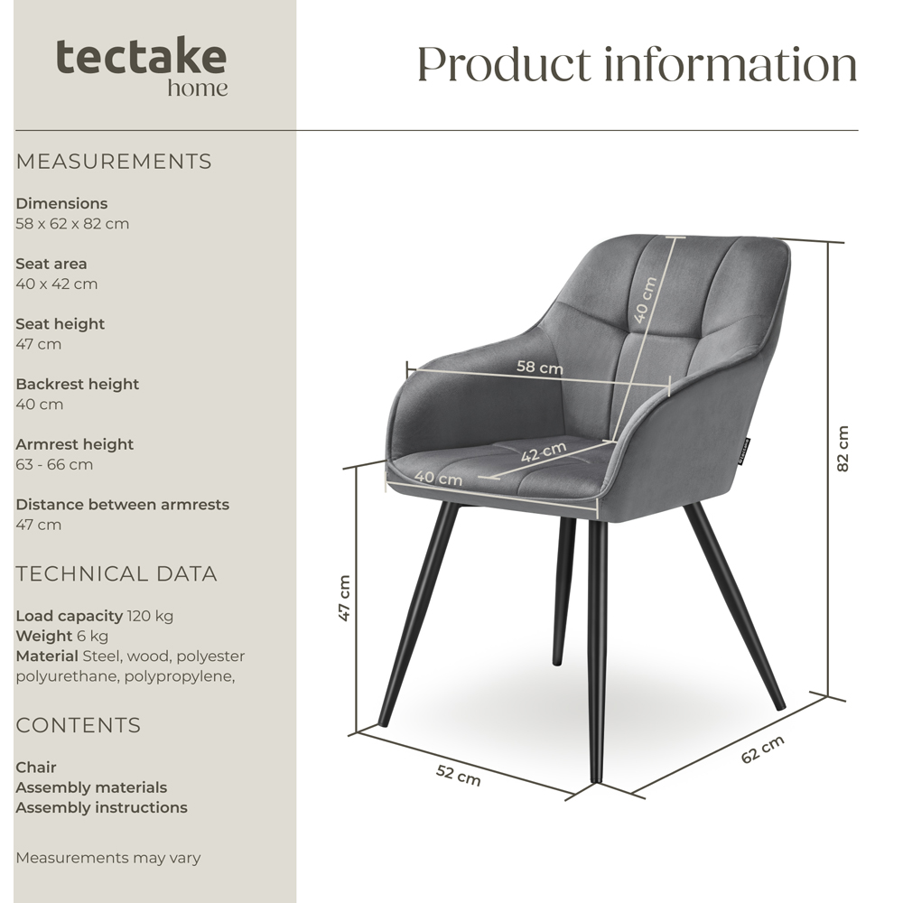 tectake Marilyn Grey and Black Quilted Velvet Dining Chair Image 9
