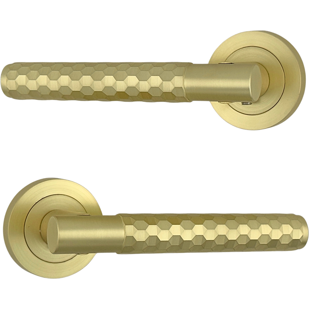 AXS Hardware Montana Satin Brass Knurled Latch Door Handles on Rose Image 3