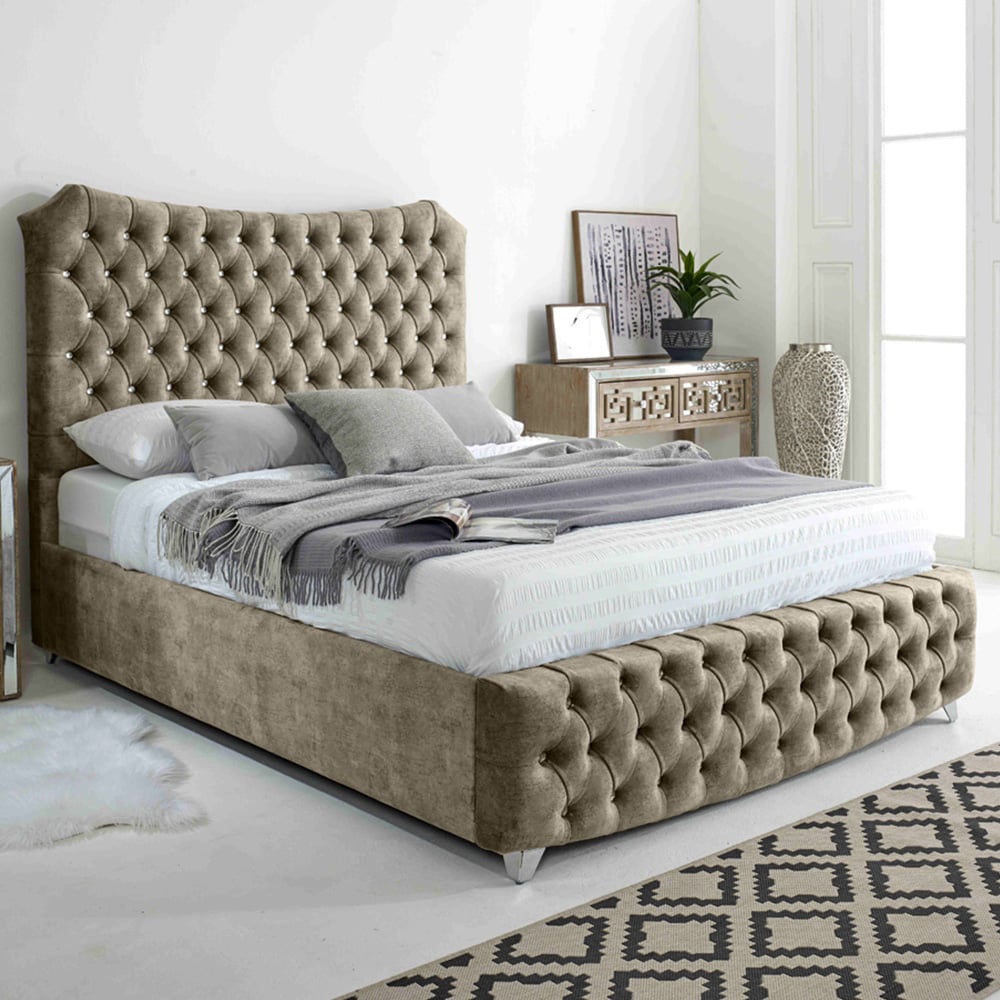 Eleganza Valentino Double Oatmeal Marble Fabric Bed Frame with Chesterfield Headboard and Footboard Image 1