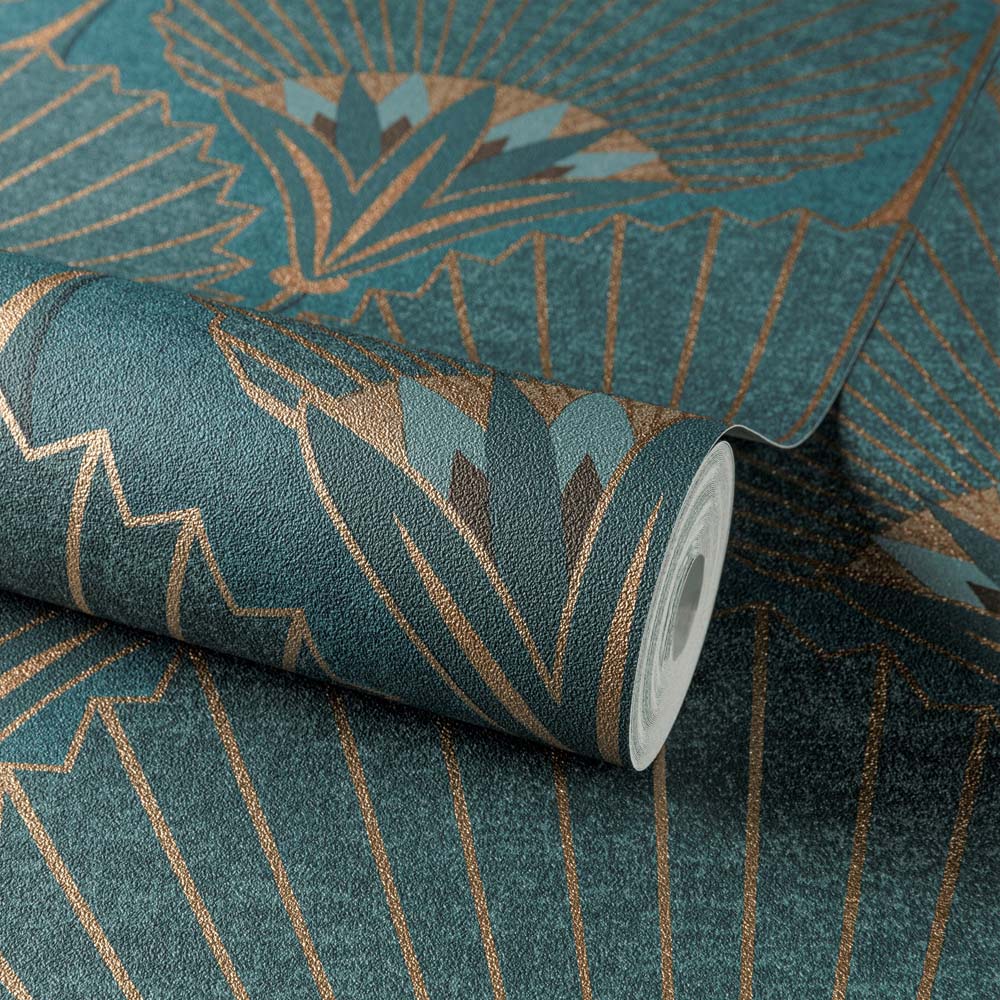 Grandeco Art Deco Nile Palm Blue and Gold Textured Wallpaper Image 2