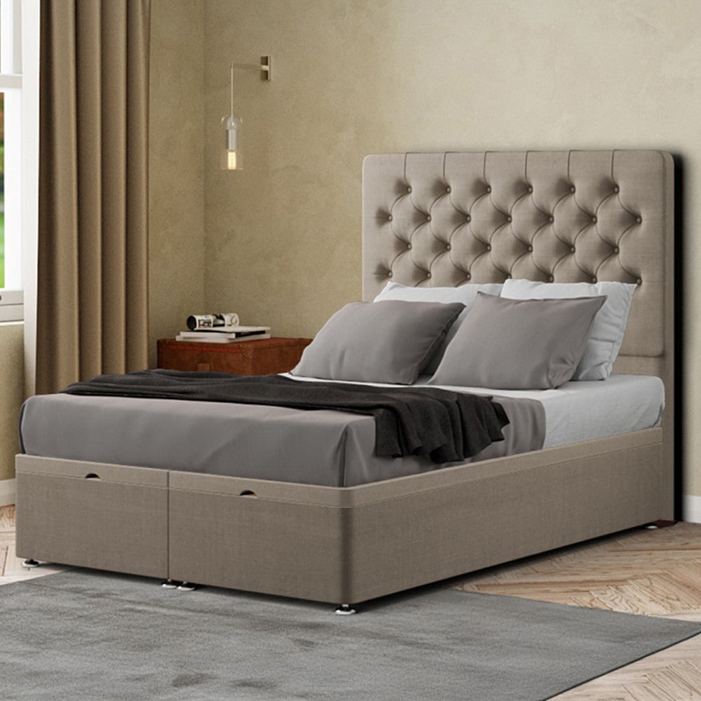 Eleganza Winchester Single Beige Linen Ottoman Bed with Floor Standing Headboard Image 1