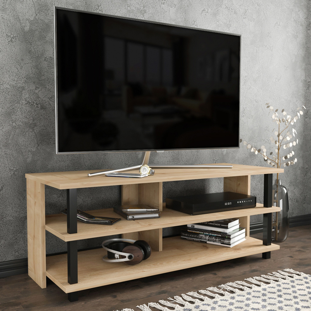 Decorotika Pueblo 4 Open Shelf Black and Oak Wide TV Unit Image 6