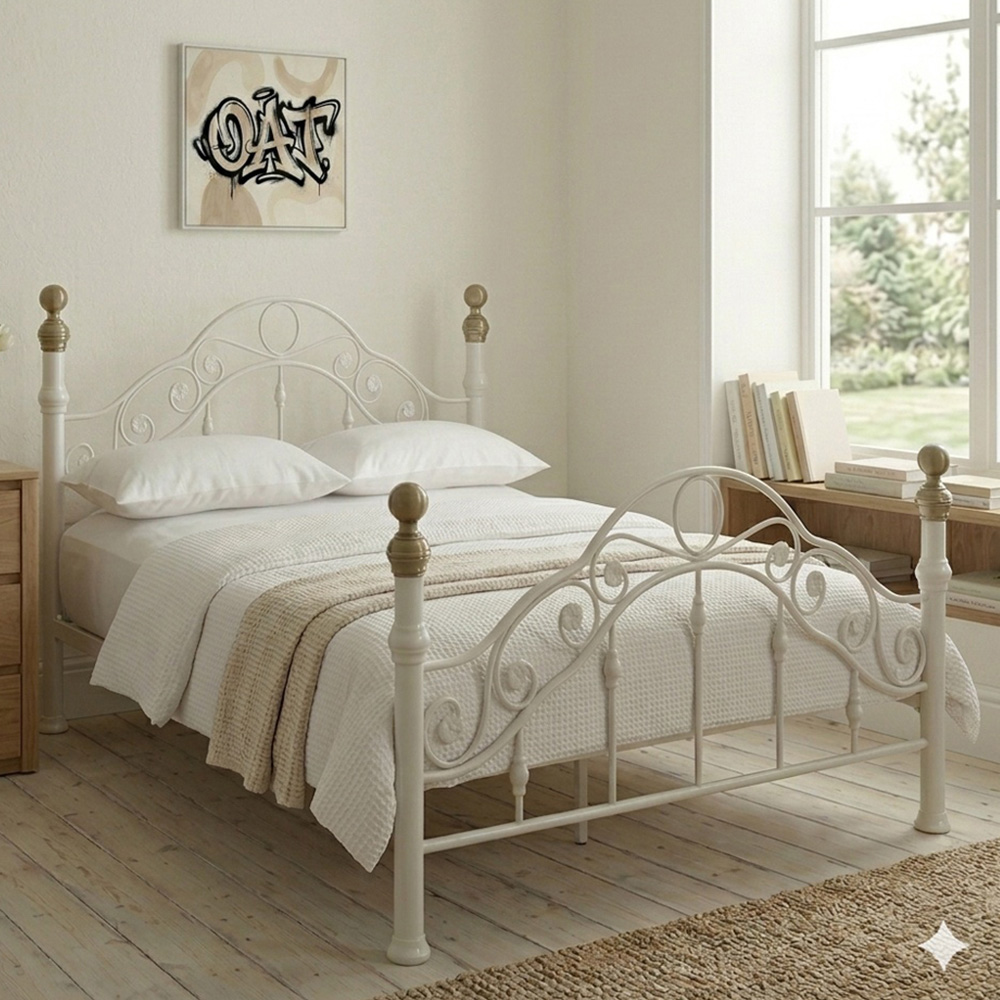 OAT Home Kensington King Size White and Brass Metal Bed Frame Image 1