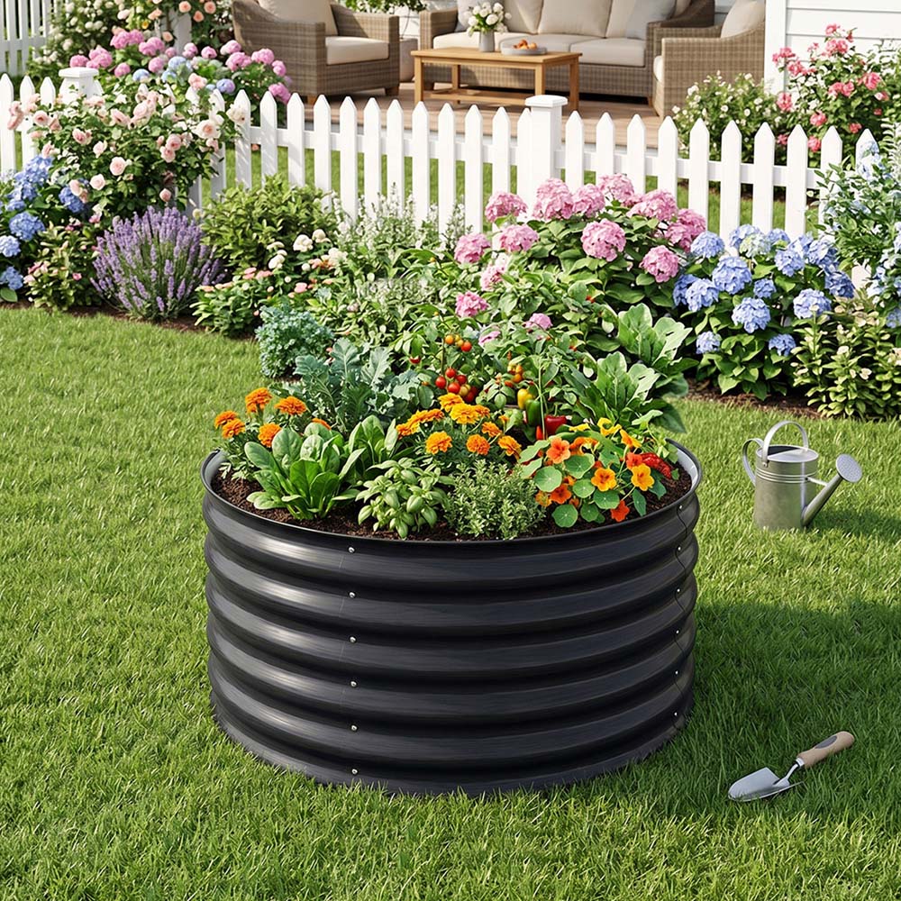 Living and Home Grey Round Metal Raised Garden Bed with Open Bottom 80 x 43cm Image 3