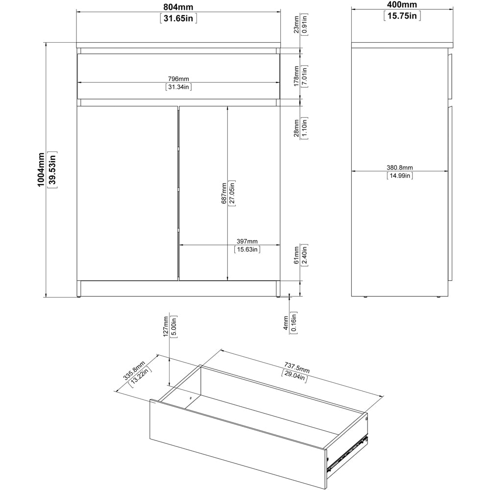 Florence 2 Door Single Drawer White High Gloss Sideboard Image 9