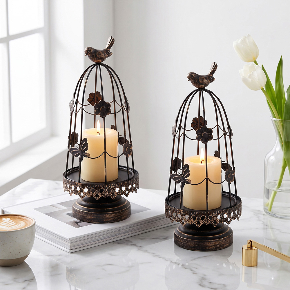 Living and Home Black Birdcage Iron Candle Holder Set of 2 Image 8