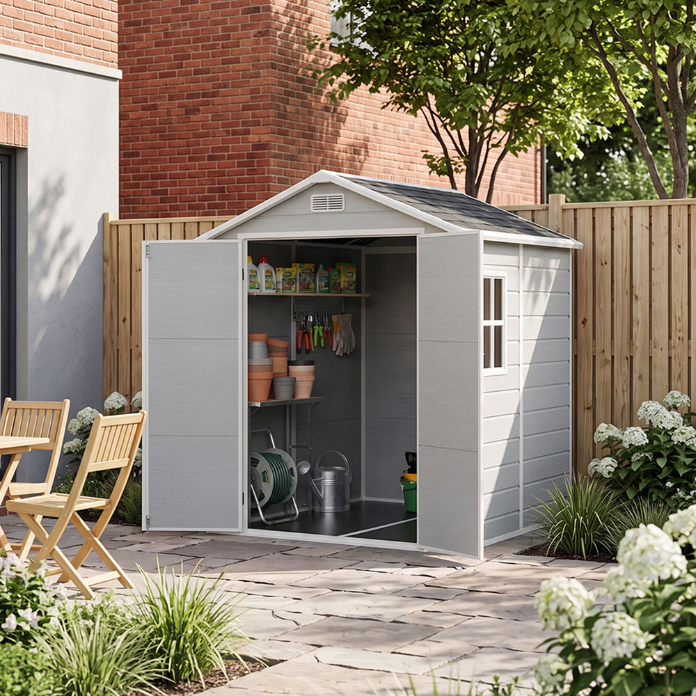 Living and Home 6 x 6ft Smokey Grey Wood Grain Plastic Garden Storage Shed Image 7