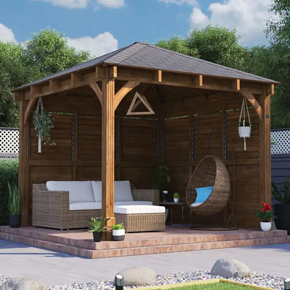 Dunster House Leviathan 3 x 3m Brown Louvre Wall Garden Gazebo with Heavy Duty Roof Shingles Image 1