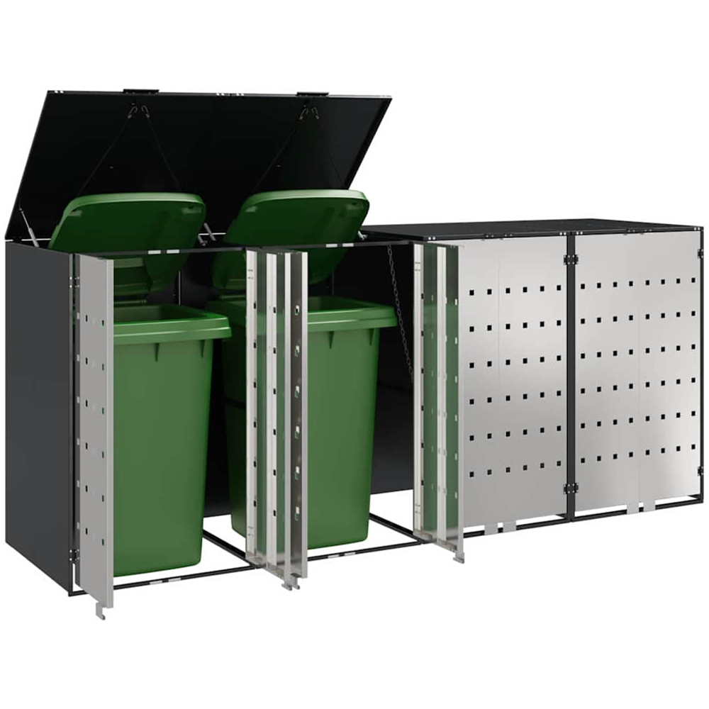vidaXL Anthracite 4 Wheelie Bin Storage Shed with Stainless Steel Door Image 3