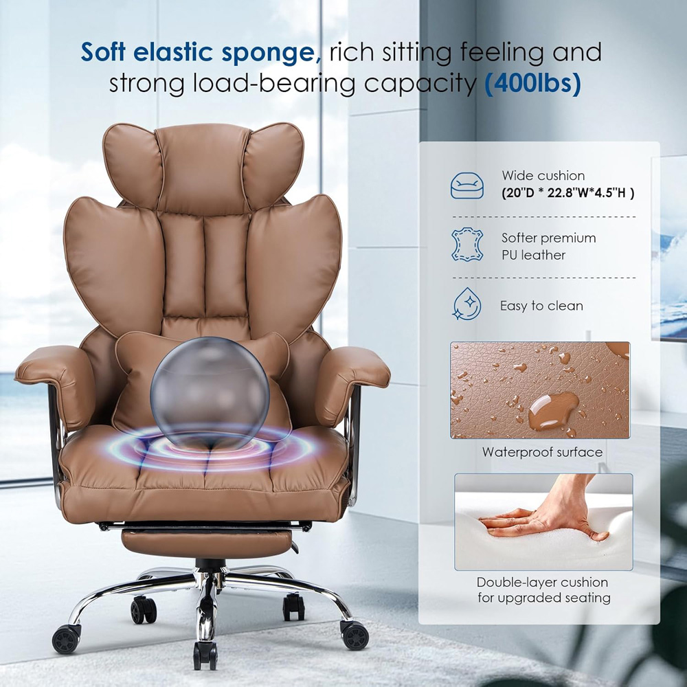 Rattrix Brown Leather Ergonomic High Back Swivel Office Chair with Footrest Image 5