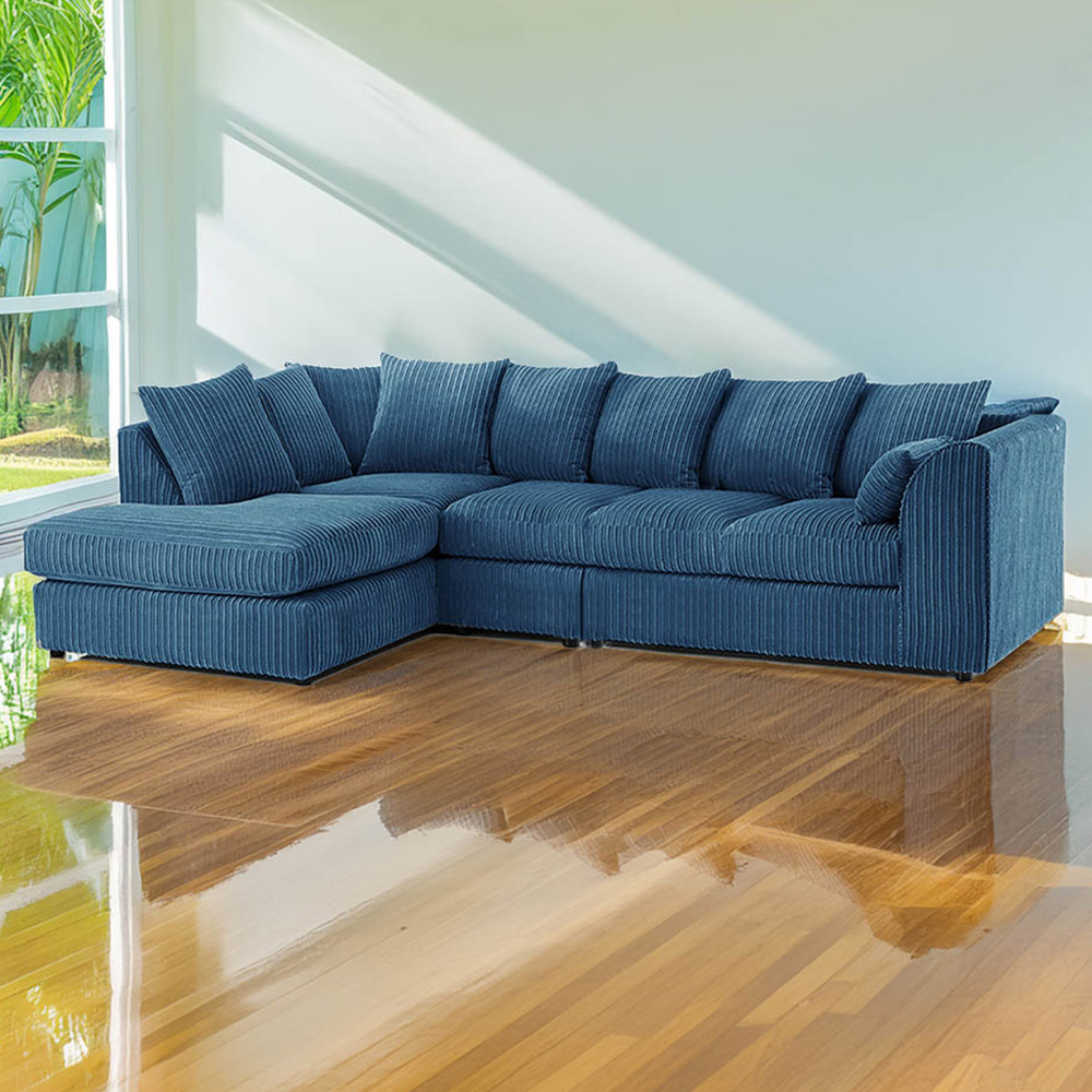 Luxor 4 Seater Marine Blue Jumbo Cord Left Hand Facing Scatter Back L Shaped Corner Sofa Set Image 1