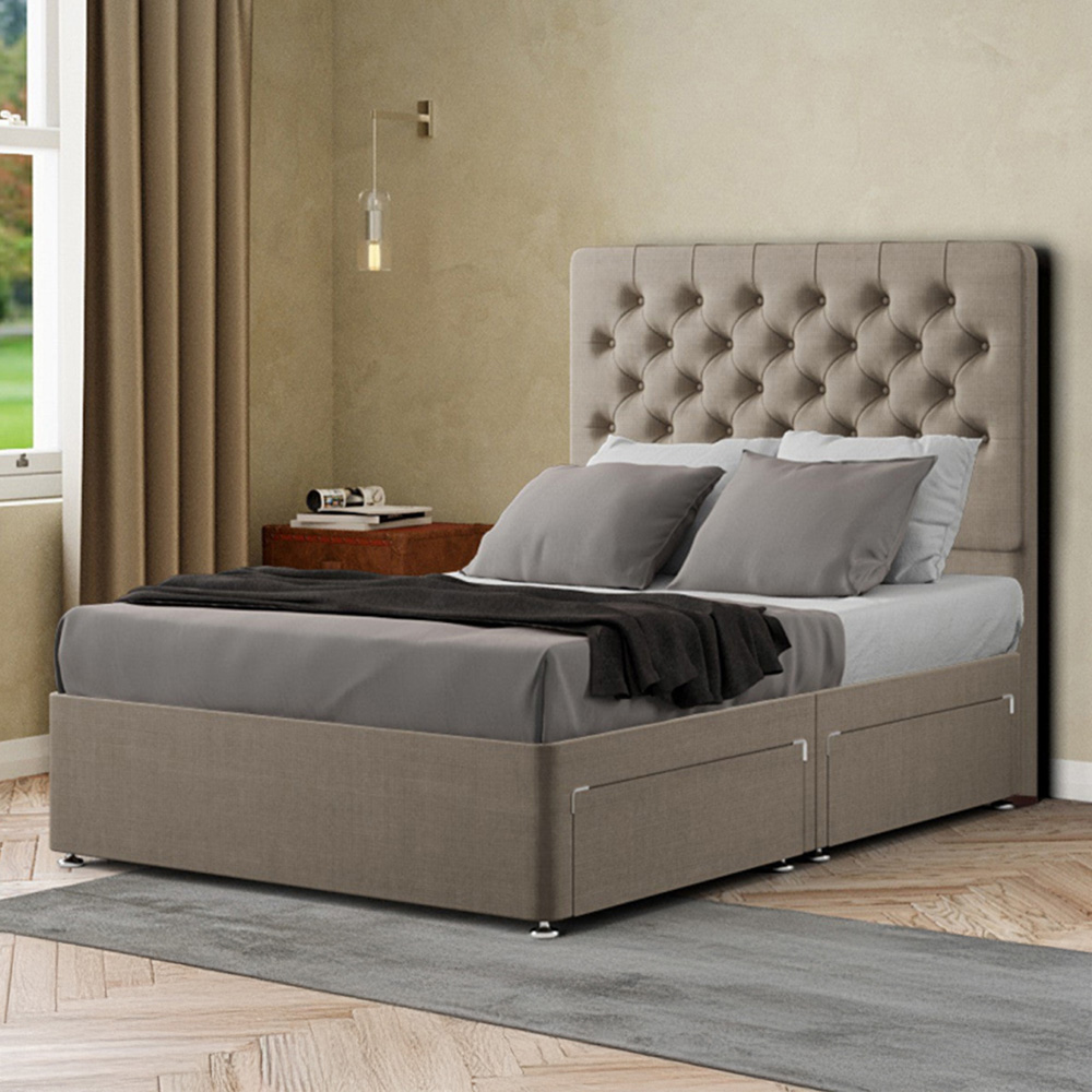 Portland Winchester Single Beige Linen Divan Bed with 2 Drawers and Headboard Image 1