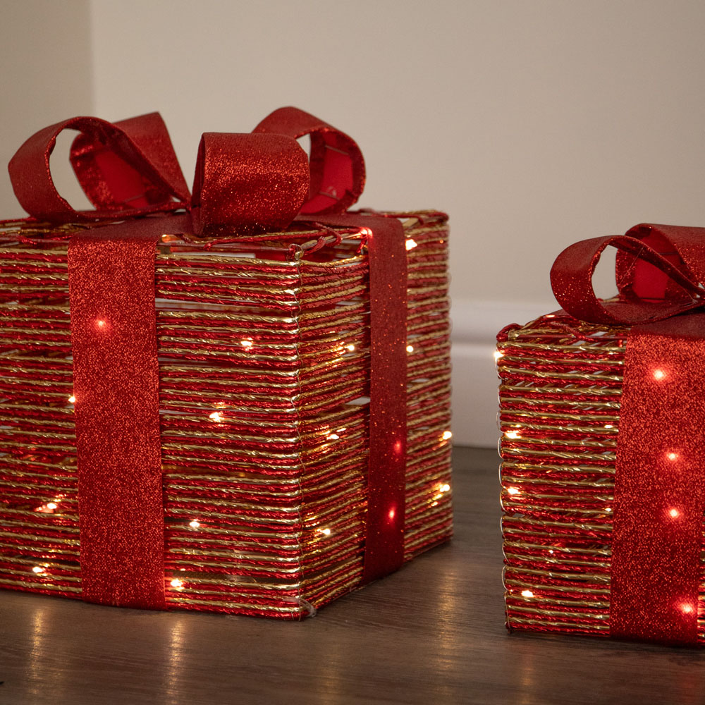 Samuel Alexander Set of 3 Warm White LED Light Up Red and Gold Christmas Box Decoration Image 5