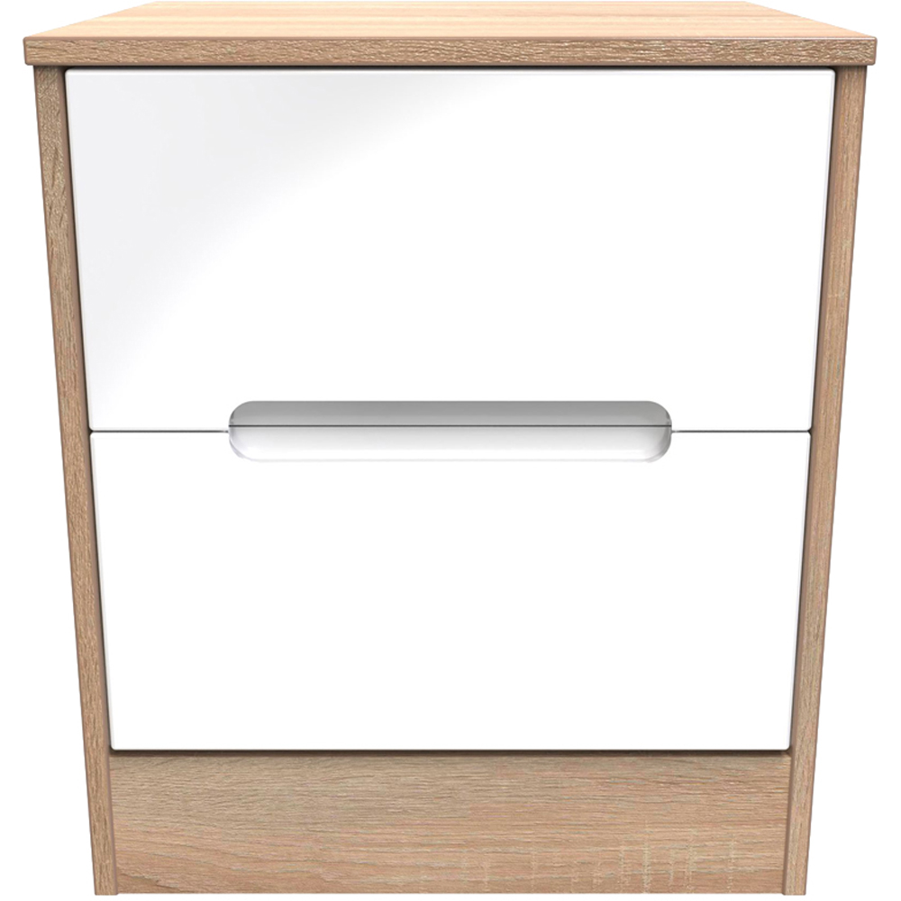 Crowndale Monaco 2 Drawer White Gloss and Bardolino Oak Compact Bedside Cabinet Ready Assembled Image 2