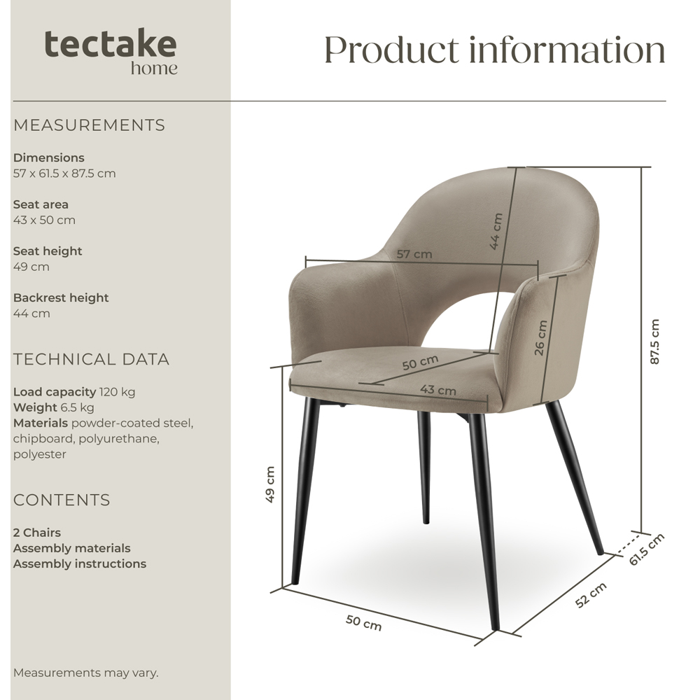 Tectake Sasha Set of 2 Taupe Velvet Padded Dining Chair Image 9