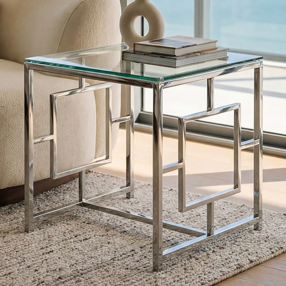 Premier Housewares Clear Glass Top and Silver Base End Table Image 1