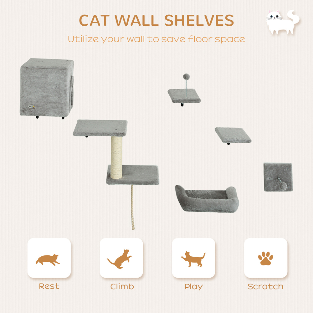 PawHut Grey 6 Piece Cat Wall Furniture Set Image 5