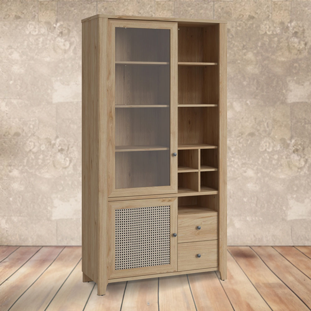 Florence Cestino 2 Door 2 Drawer Oak and Rattan Display Cabinet Image 1