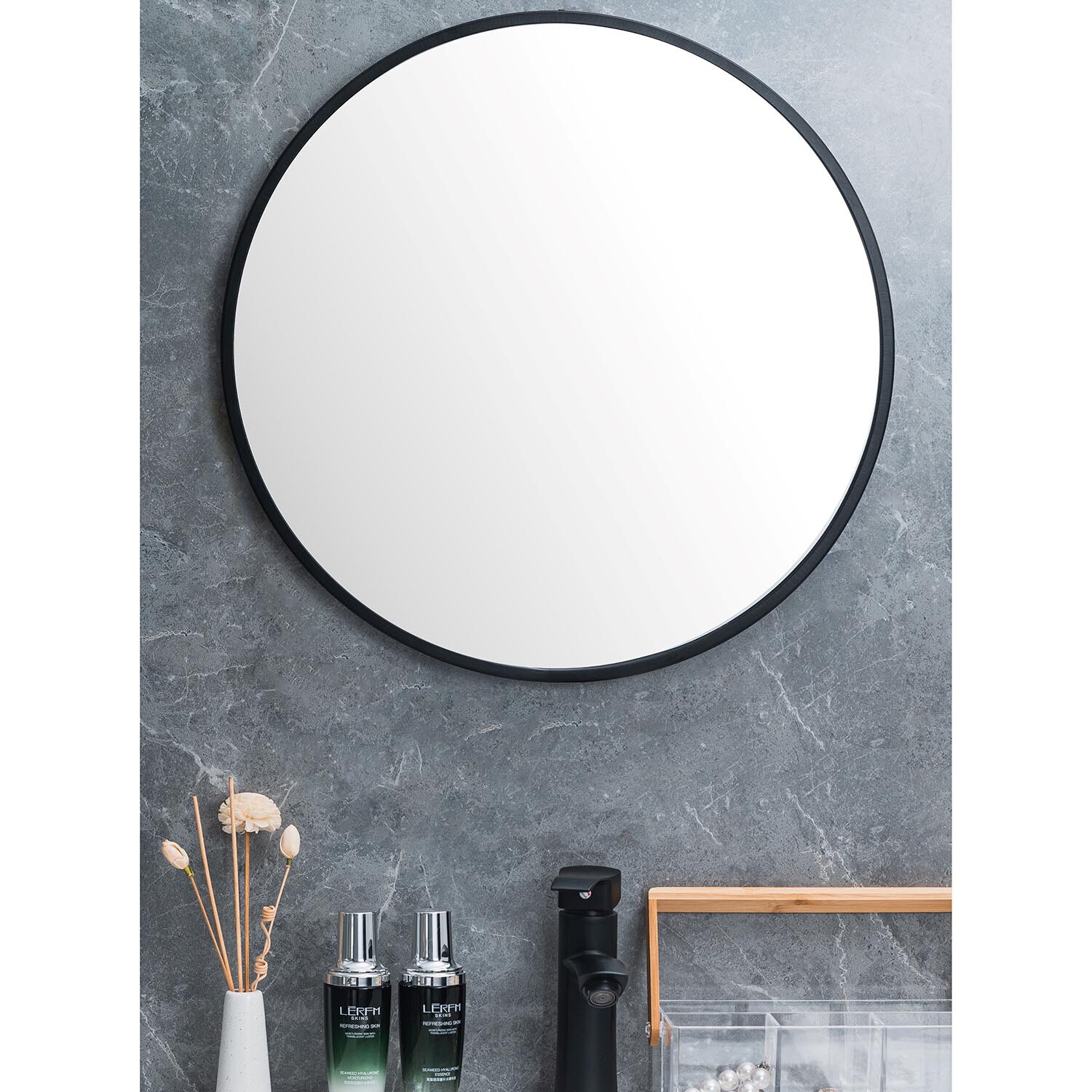 Black Frame Round Bathroom Mirror - Black Image 2