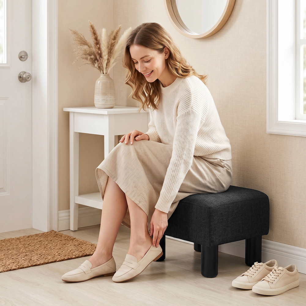 HOMCOM Black Chic Linen Fabric Footstool Ottoman Cube with Legs Image 3