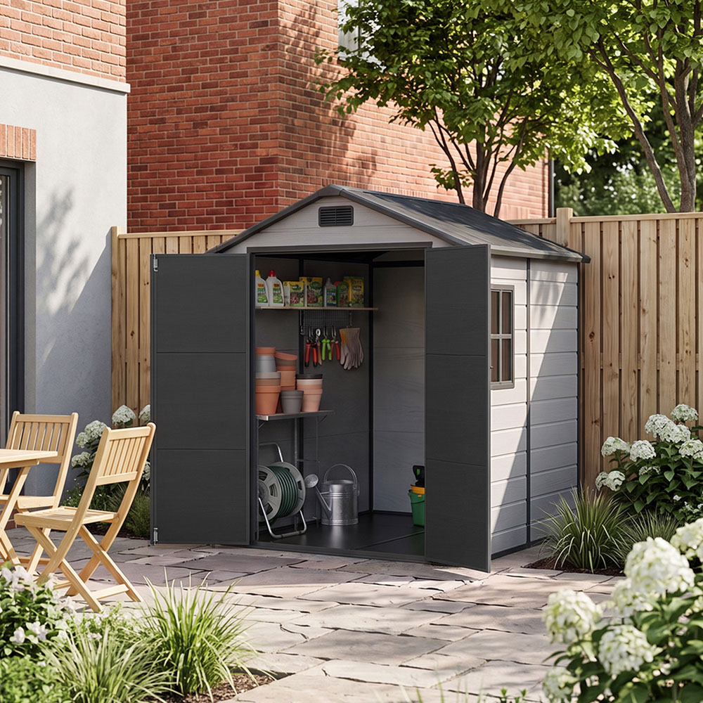 Living and Home 6 x 6ft Smokey Grey and Black Wood Grain Plastic Garden Storage Shed Image 7