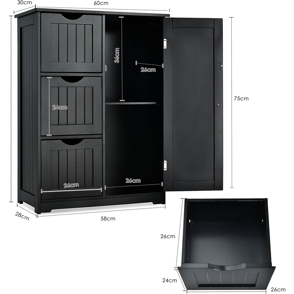 Costway Single Door 3 Drawer Black Freestanding Bathroom Cabinet Image 9