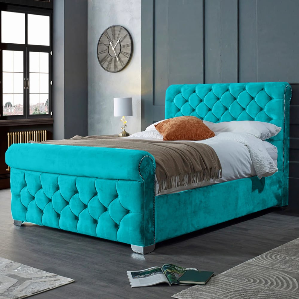 Eleganza Home Veneta Double Teal Plush Velvet Bed Frame with Chesterfield Headboard Image 1