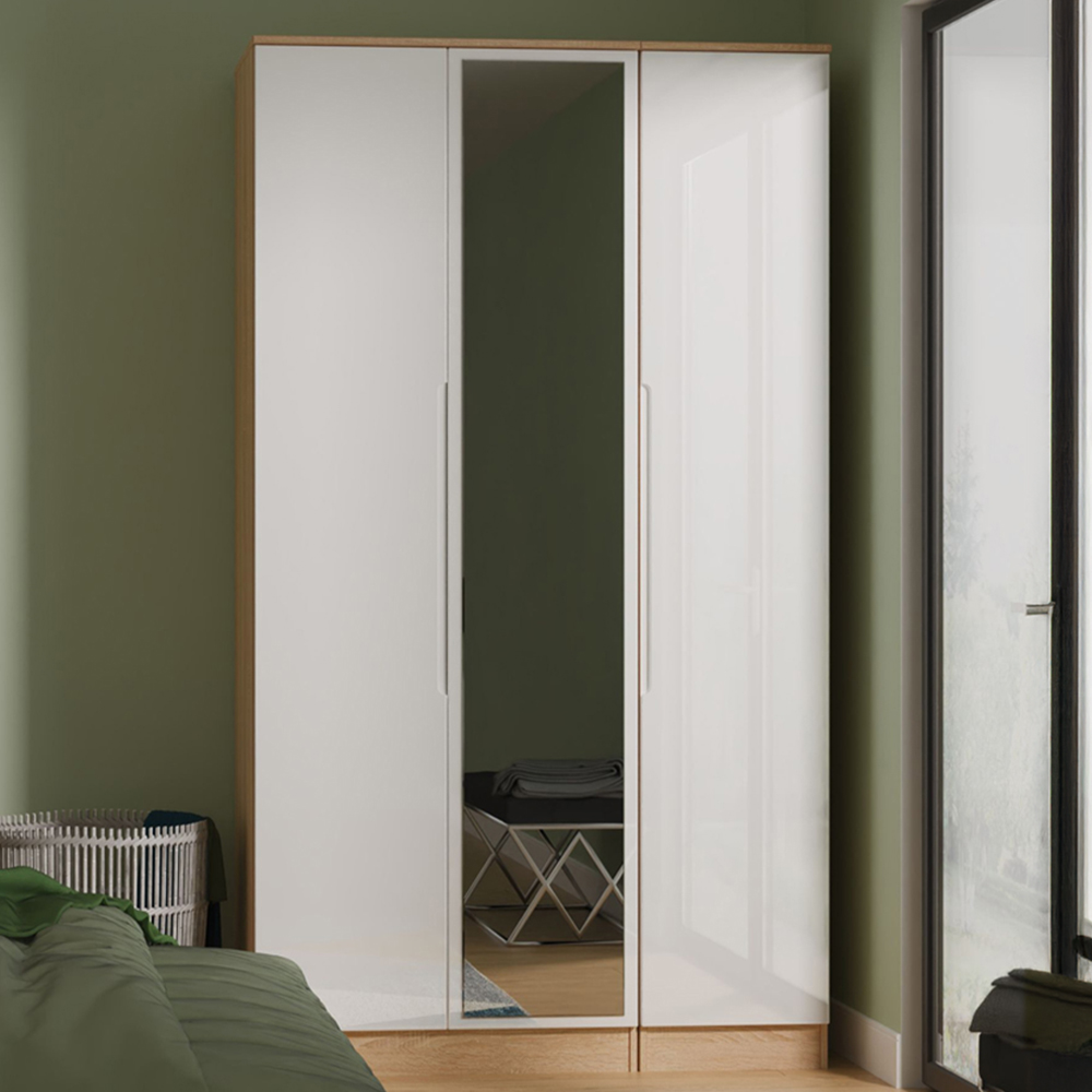 Crowndale Milan 3 Door White Gloss and Bardolino Oak Tall Mirrored Wardrobe Ready Assembled Image 1