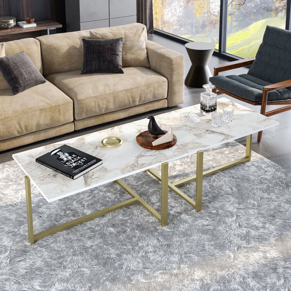 Decorotika Merideths White Marble Effect and Gold Metal Coffee Table Image 5