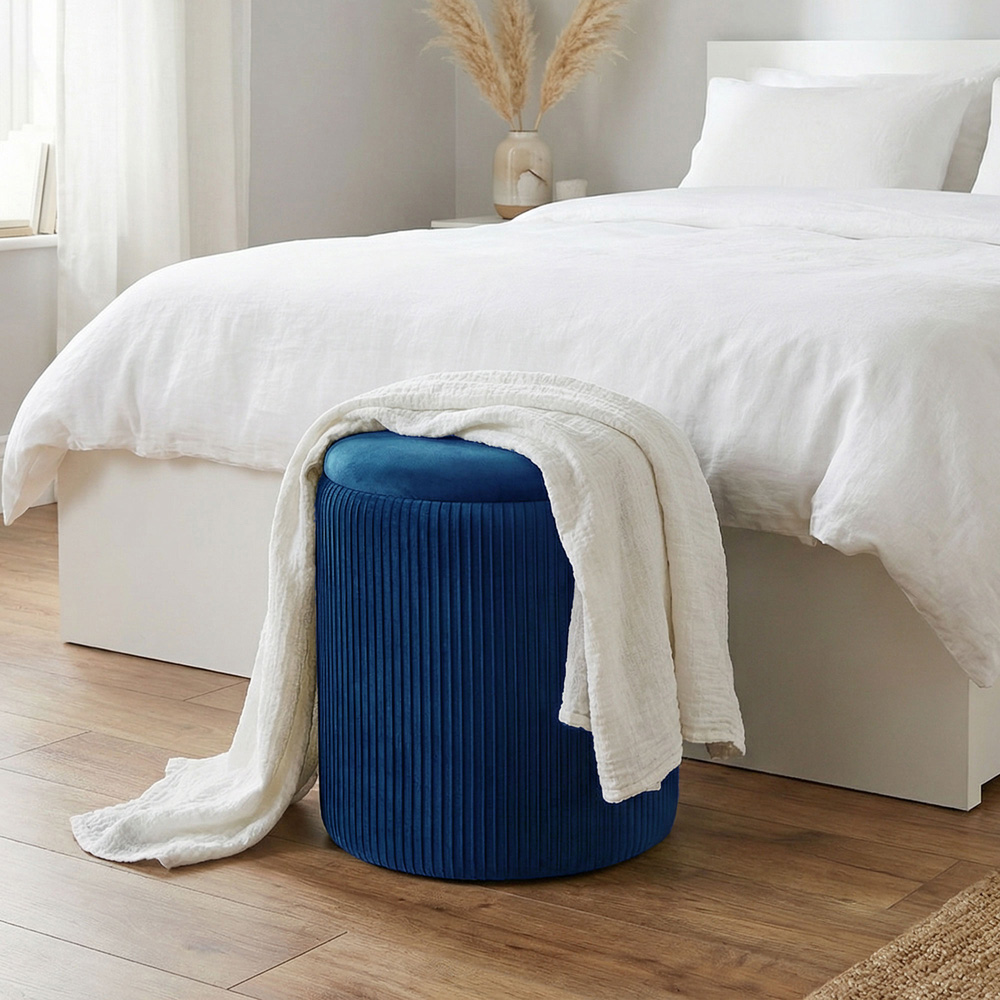 Portland Blue Round Storage Ottoman with Removable Top Image 3
