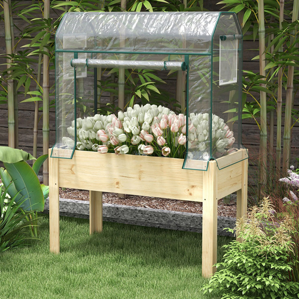 Outsunny Wooden Raised Planter with Greenhouse Cover and Bed Liner Image 2