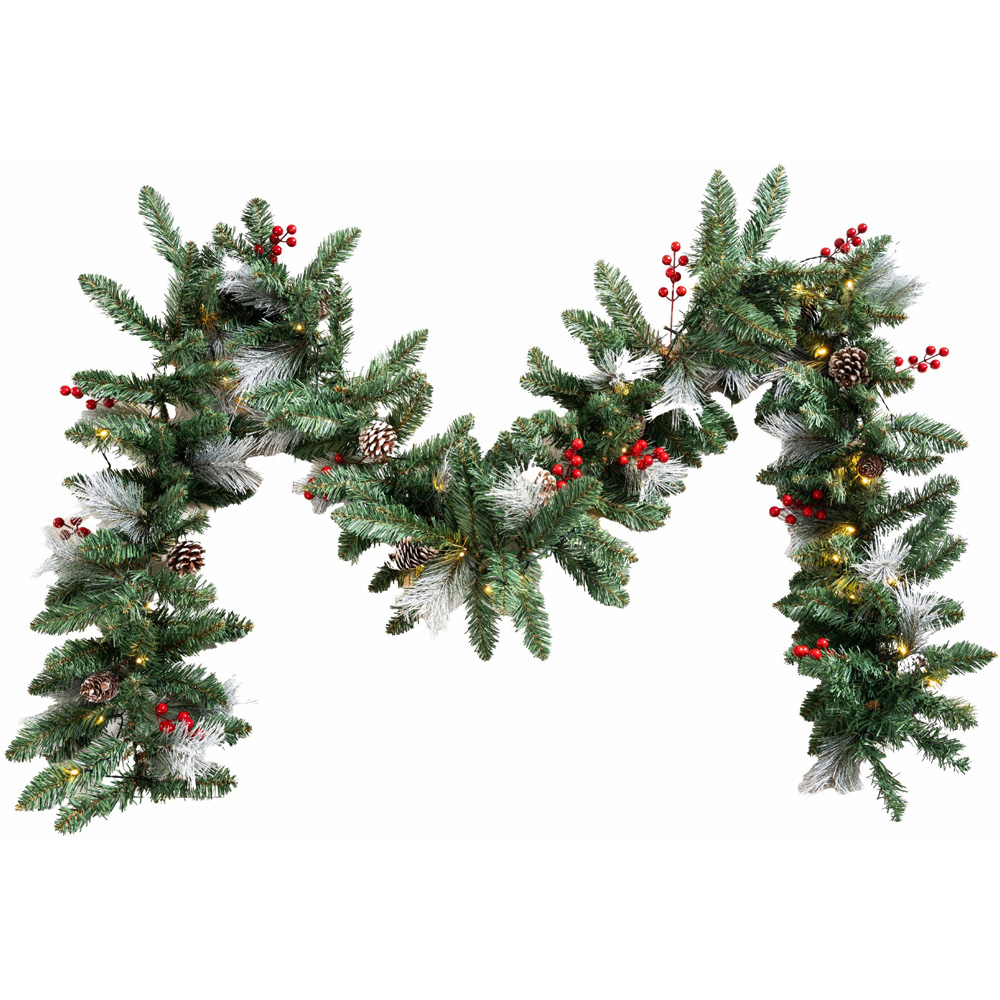 Abrihome 50 Warm White LED Artificial Christmas Garland with Tips Pinecones and Red Berries 270cm Image 1