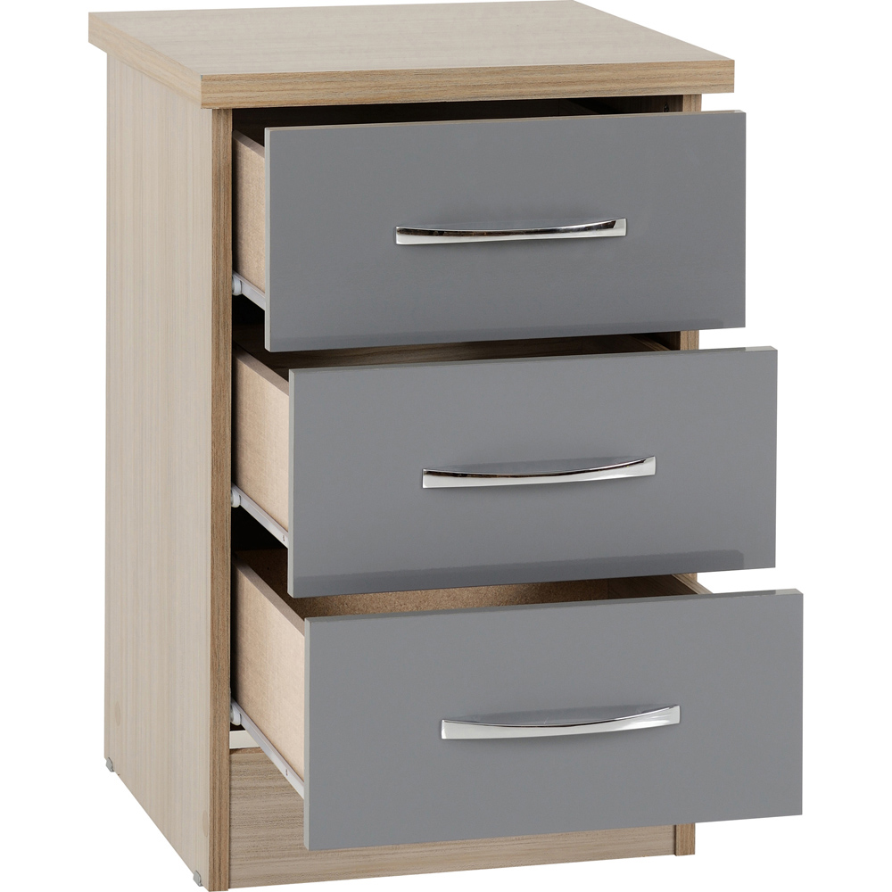 Seconique Nevada 3 Drawer Grey Gloss and Light Oak Veneer Bedside Table Image 4