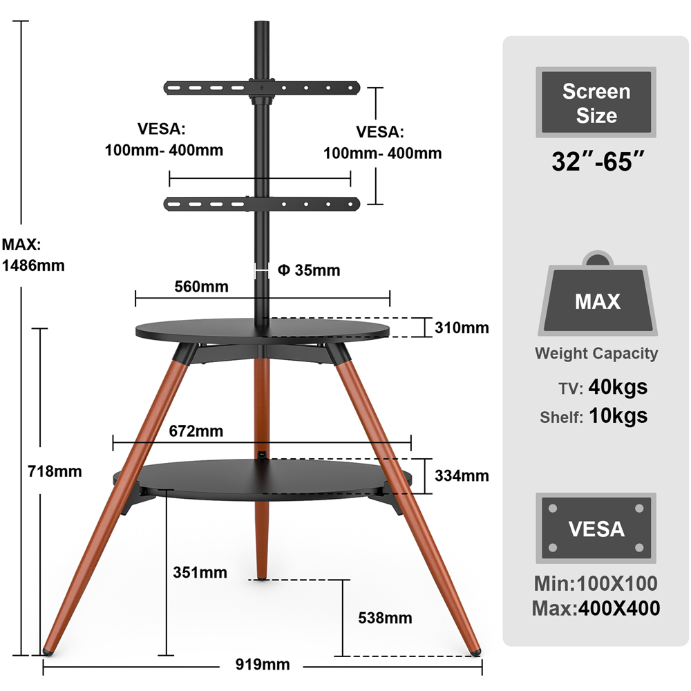 TTAP Ravello Walnut and Black Single Shelf Contemporary Tripod TV Stand Image 9