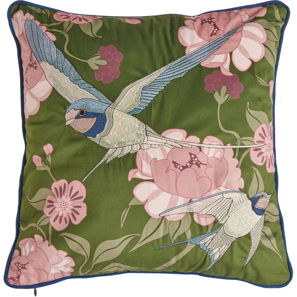 Wilko Green Embroidered Bird Cushion 43 x 43cm Image 1
